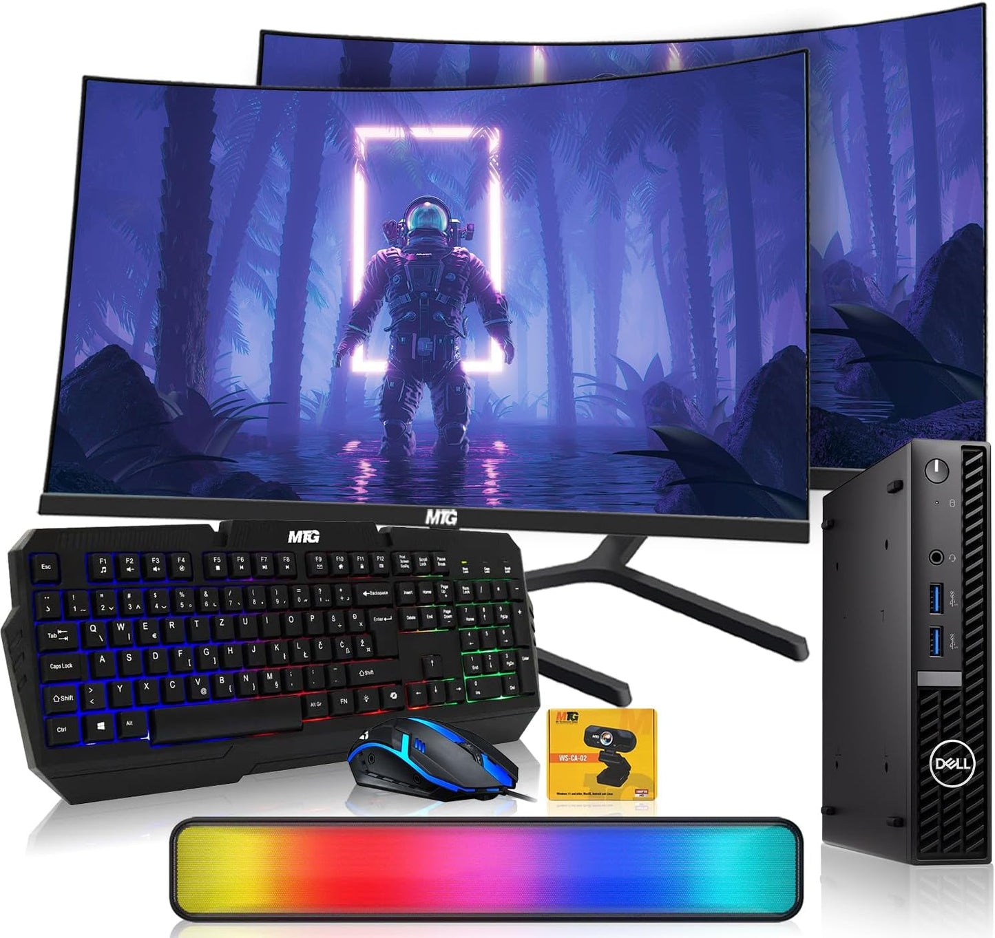 A gaming PC bundle featuring a curved monitor, black mechanical keyboard, wireless mouse, RGB lighting bar, and Dell desktop tower on a white background.