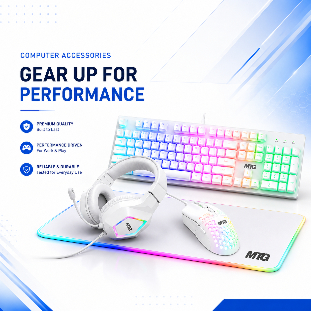 A gaming accessory bundle featuring a white wired keyboard, headset, mouse, and a large RGB-lit desk mat, arranged on a clean white background with promotional text. The products show the MTG logo.