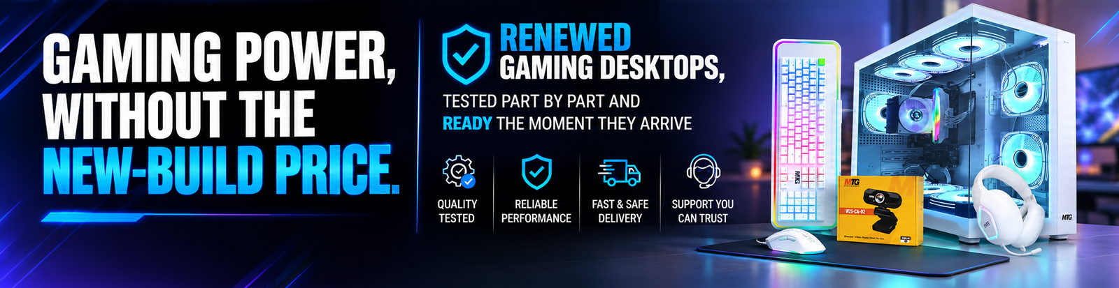 Promotional banner for a custom gaming desktop build, featuring a white desktop PC tower with glowing blue and purple RGB fans, a matching RGB tower monitor, a white mouse, and a yellow headset. The text reads 'GAMING POWER, WITHOUT THE NEW-BUILD PRICE.