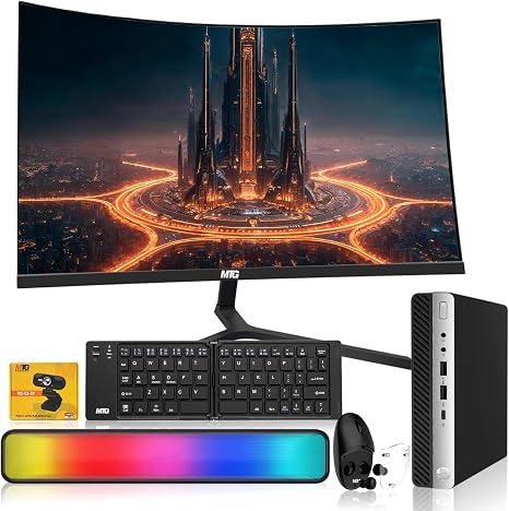 HP G5 Tiny Mini PC bundled with a 27 inch curved monitor