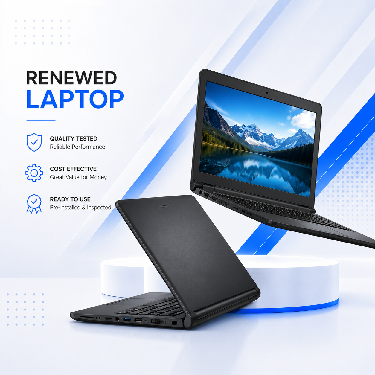 Two black laptops shown on a clean white and blue graphic background, with one open displaying a mountain lake screen and one closed. Text on the left reads 'RENEWED LAPTOP' with quality-tested, cost effective, and ready to use claims.