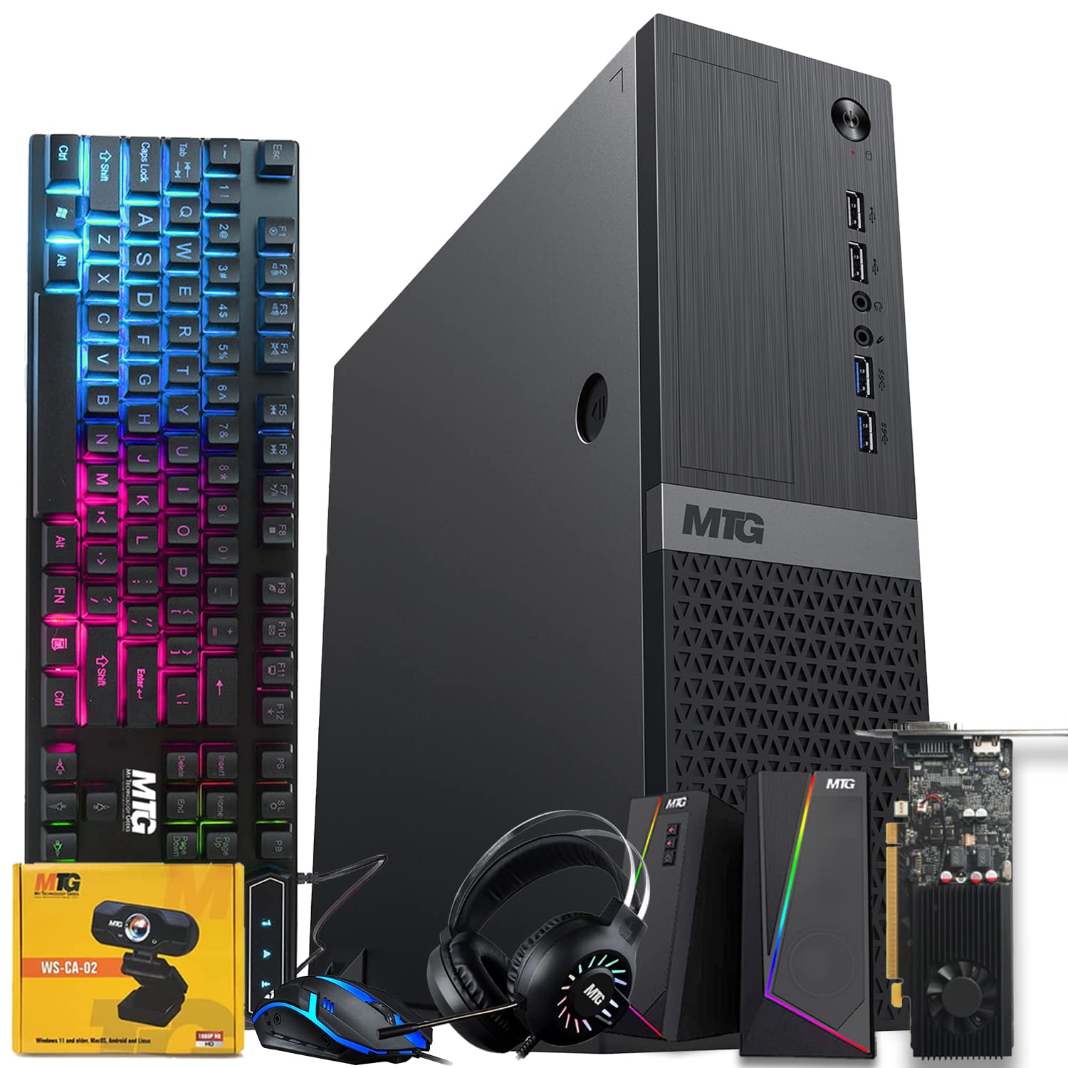 Aurora Gaming Desktop Computer with GT 1030 graphics and RGB keyboard and mouse, front view