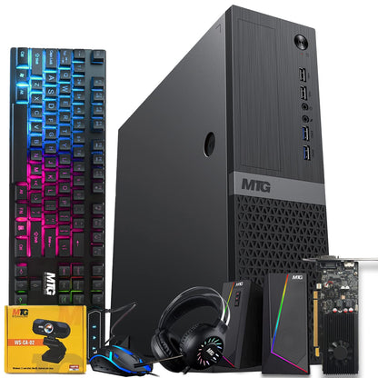 Aurora Gaming Desktop Computer with GT 1030 graphics and RGB keyboard and mouse, front view