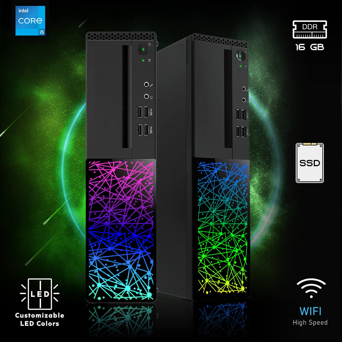 TechMagnet Galaxy Gaming PC, Intel Core i5 8th Gen, 16GB RAM, RGB KBM & Headphone, Webcam, USB WiFi + BT (Win 11 Renewed)