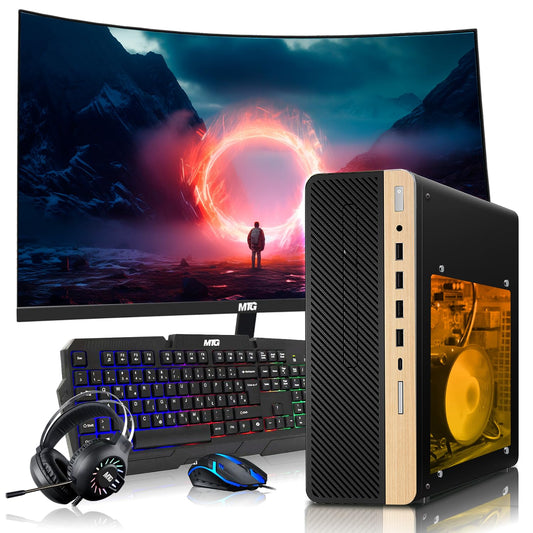 TechMagnet HP Premium Gaming Desktop with AMD Ryzen 3 Pro and RX 550 graphics, black-panel front view