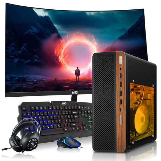 TechMagnet HP Premium Gaming Desktop with AMD Ryzen 3 Pro and GT 1030 graphics, black-panel front view