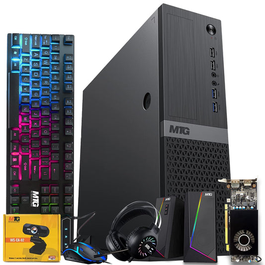 Aurora Gaming Desktop Computer with AMD RX 550 graphics and RGB keyboard and mouse, front view