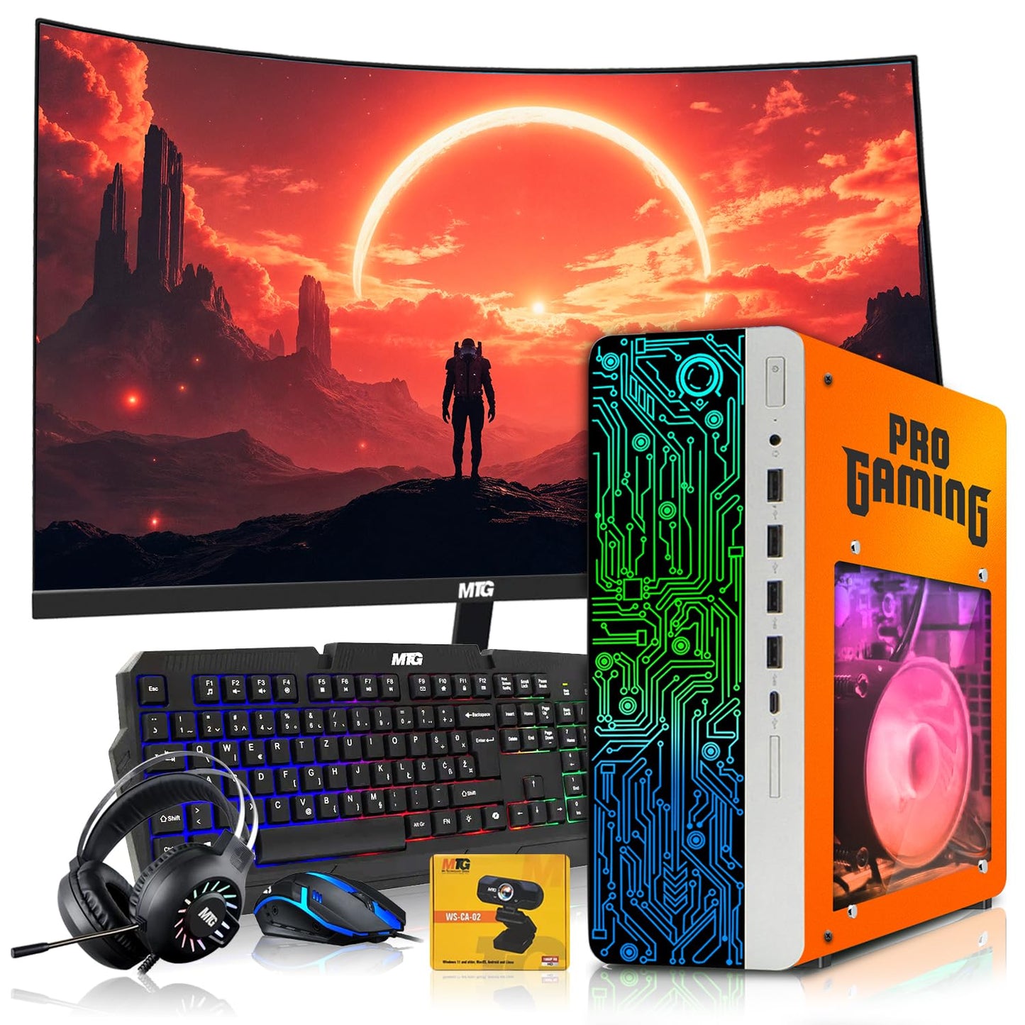 TechMagnet HP Phoenix Gaming Desktop with AMD Ryzen 3 Pro, orange-panel front view
