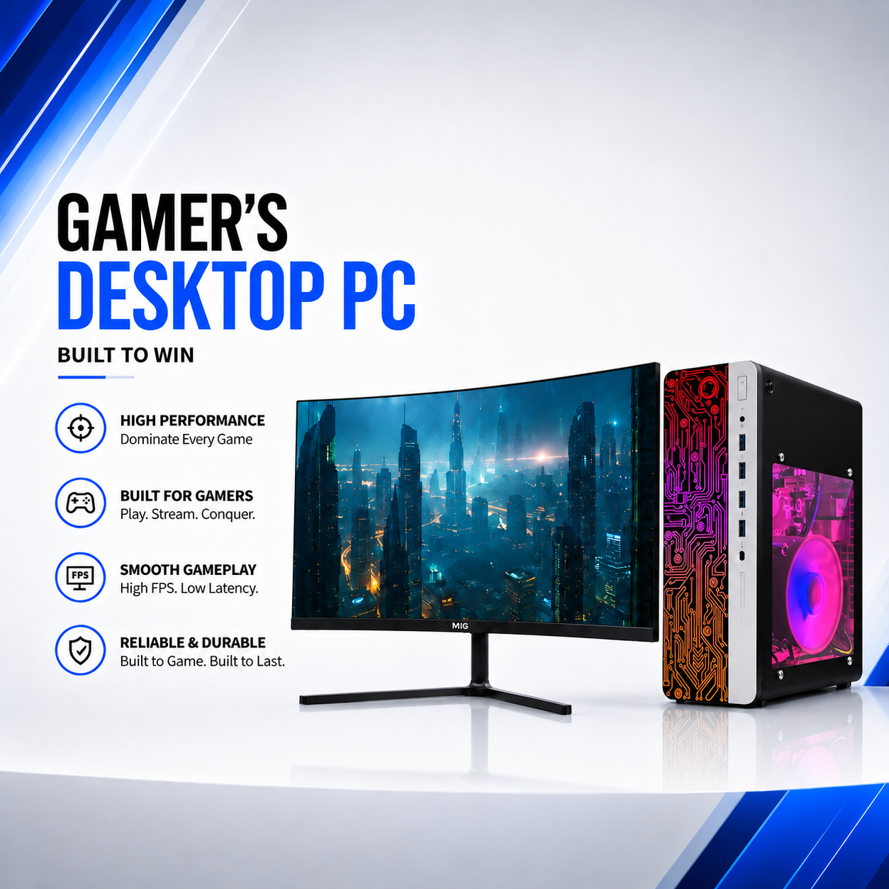 Gaming desktop PC setup featuring a curved monitor with a dark futuristic cityscape display, a black and orange patterned computer case with a glowing pink fan, and marketing text reading 'GAMER'S DESKTOP PC' on a white and blue graphic background.