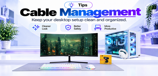 Promotional graphic for cable management showing a modern desk setup with a curved monitor, keyboard, mouse, and a white PC case with blue LED lighting. Large text reads 'Cable Management' with smaller copy about keeping the desktop setup clean and organized, plus feature callouts like a cleaner look, better safety, and more productive.