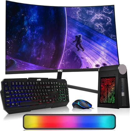 A gaming computer bundle featuring a curved monitor, mechanical keyboard, wireless mouse, desktop tower, and a RGB lighting bar, all arranged on a white background.