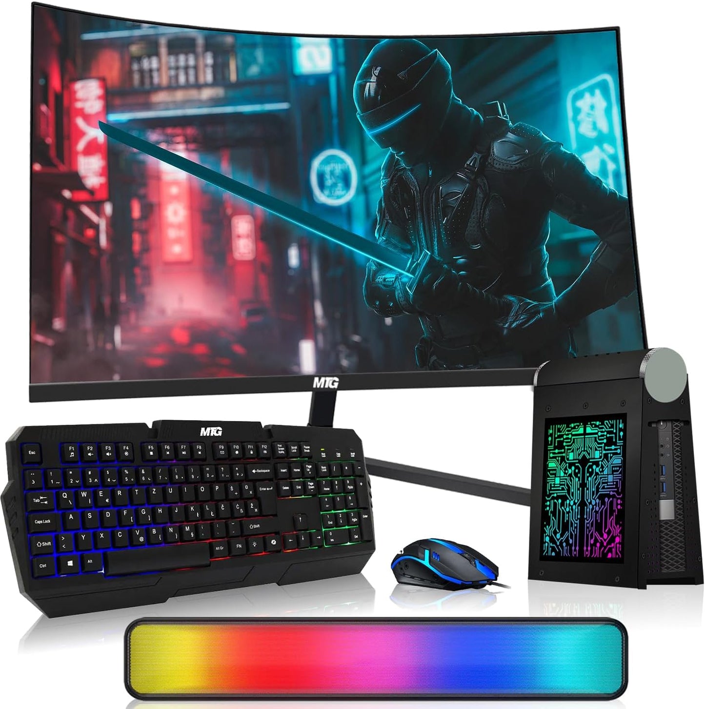 A gaming computer bundle featuring a curved monitor displaying a cyberpunk scene, a mechanical keyboard with RGB backlighting, a wireless mouse, a desktop tower PC, and an RGB light bar, all on a white background.