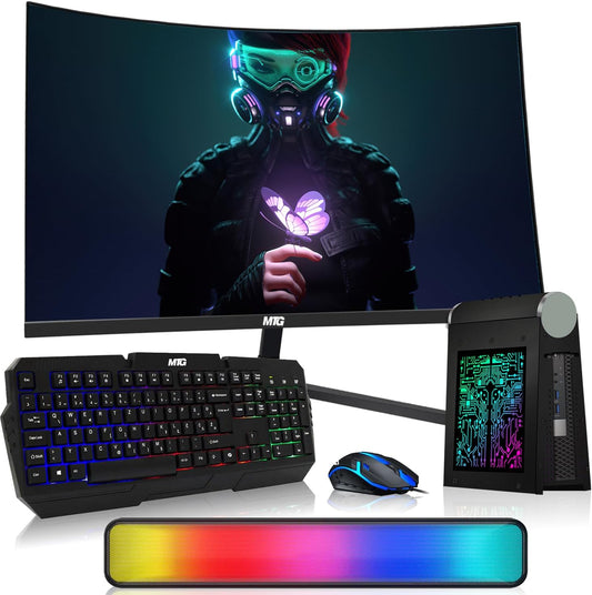 A gaming computer setup bundle featuring a curved monitor, a black mechanical keyboard with RGB backlighting, a matching wireless mouse, a desktop tower, and a long RGB-lit palm bar, all arranged on a white background. The monitor displays a futuristic character with glowing neon goggles.