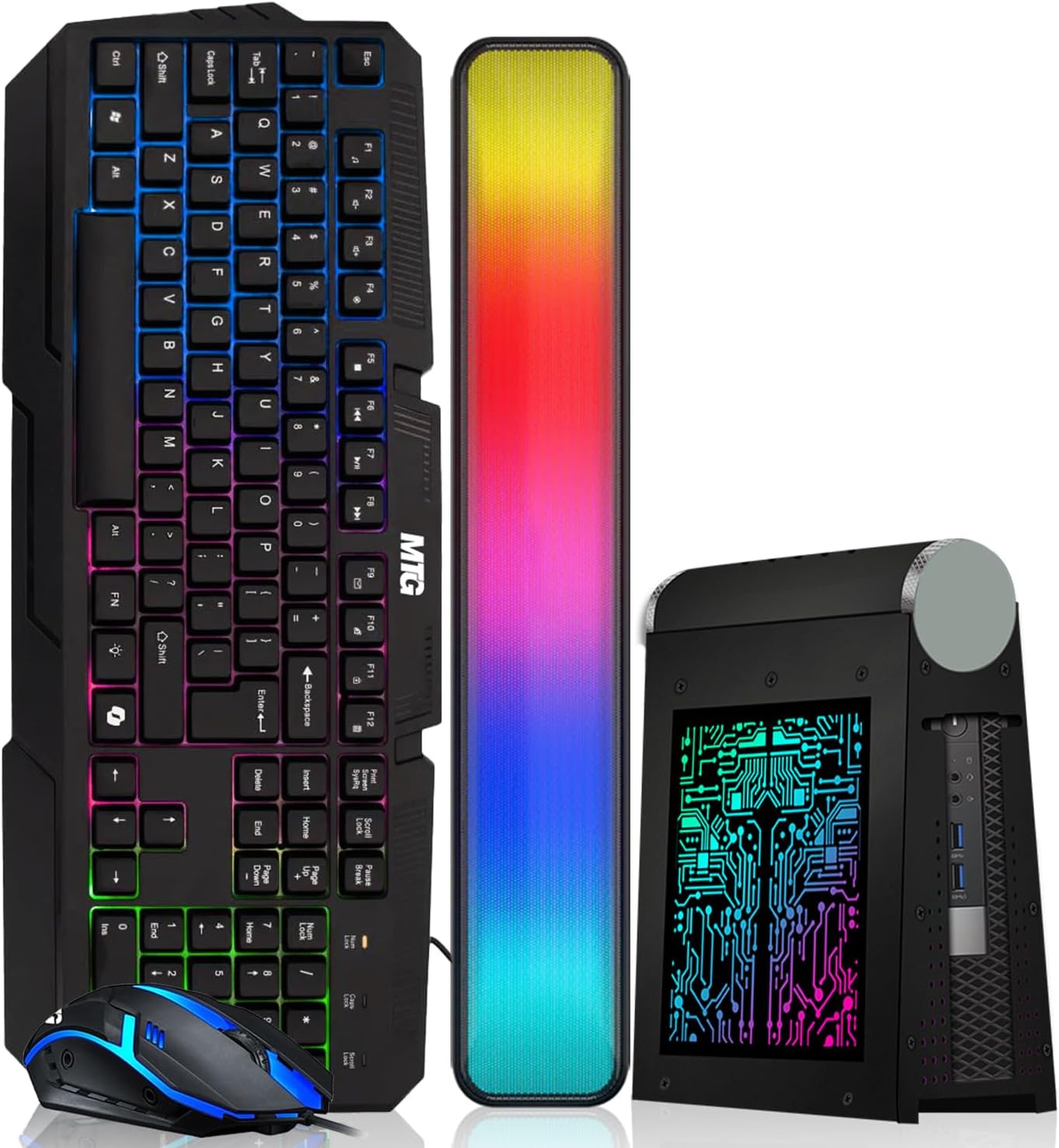 A gaming bundle set featuring a black mechanical keyboard with RGB backlighting, a matching computer mouse, a vertical RGB LED light bar, and a black desktop tower PC with a glowing circuit-board style screen, all displayed on a clean white background.