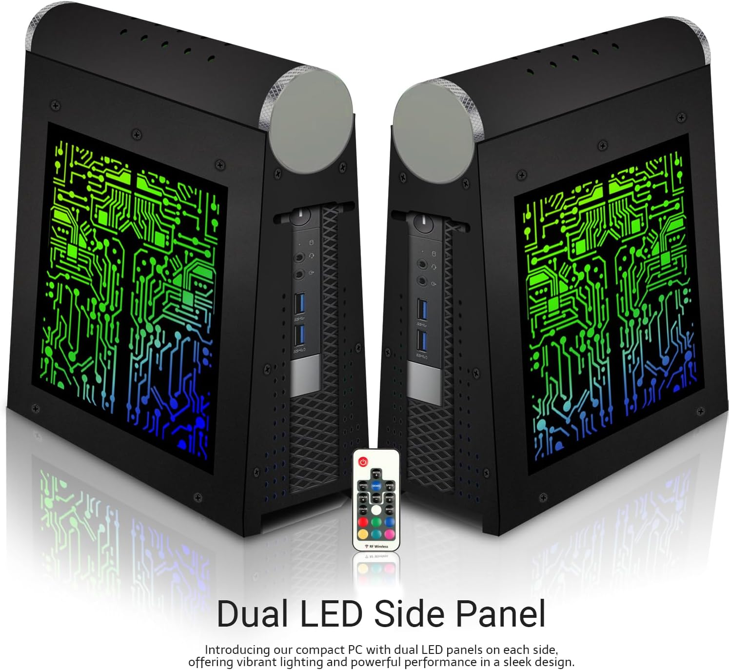 Two black compact desktop PCs shown side by side with glowing green and blue LED circuit-board style side panels, plus a small remote control and text reading 'Dual LED Side Panel' on a white background.