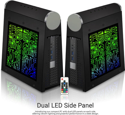 Two black compact desktop PCs shown side by side with glowing green and blue LED circuit-board style side panels, plus a small remote control and text reading 'Dual LED Side Panel' on a white background.