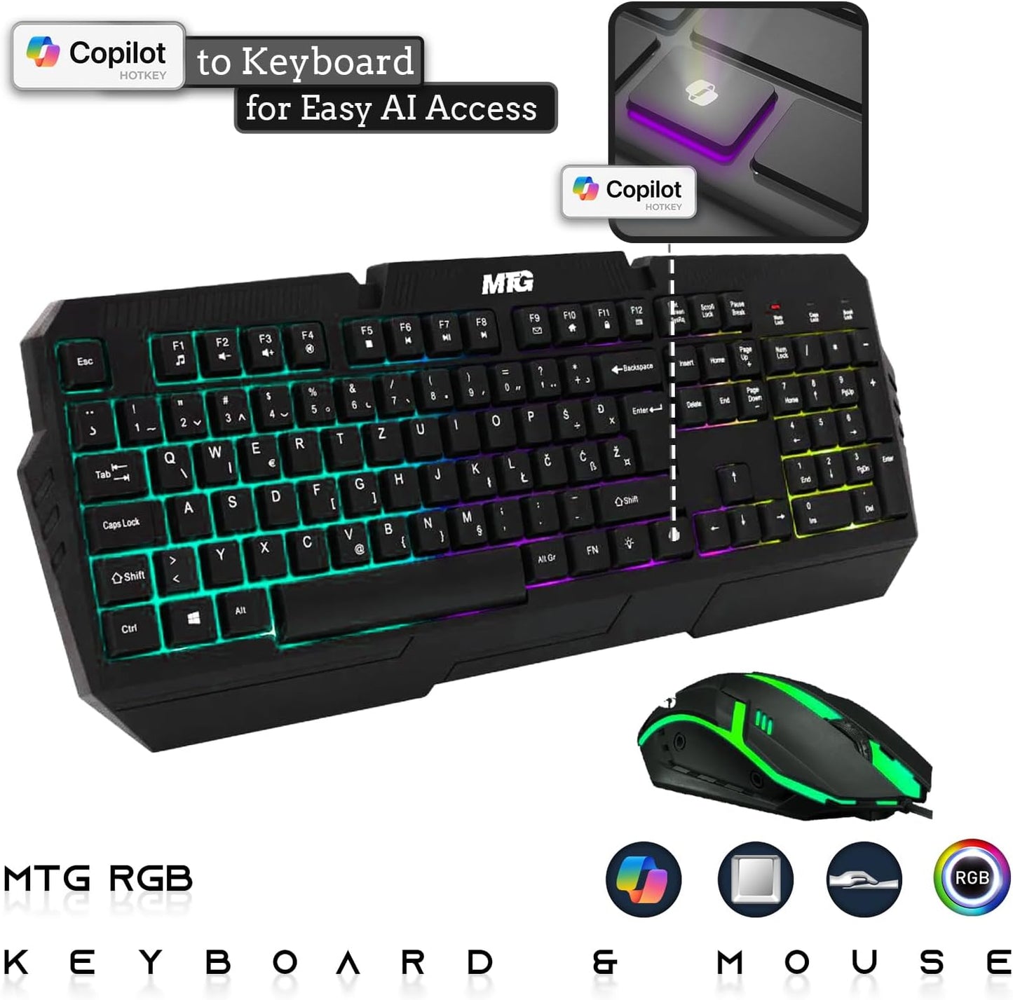 Mechanical keyboard and mouse set with RGB lighting on a white background, featuring the MTG brand.