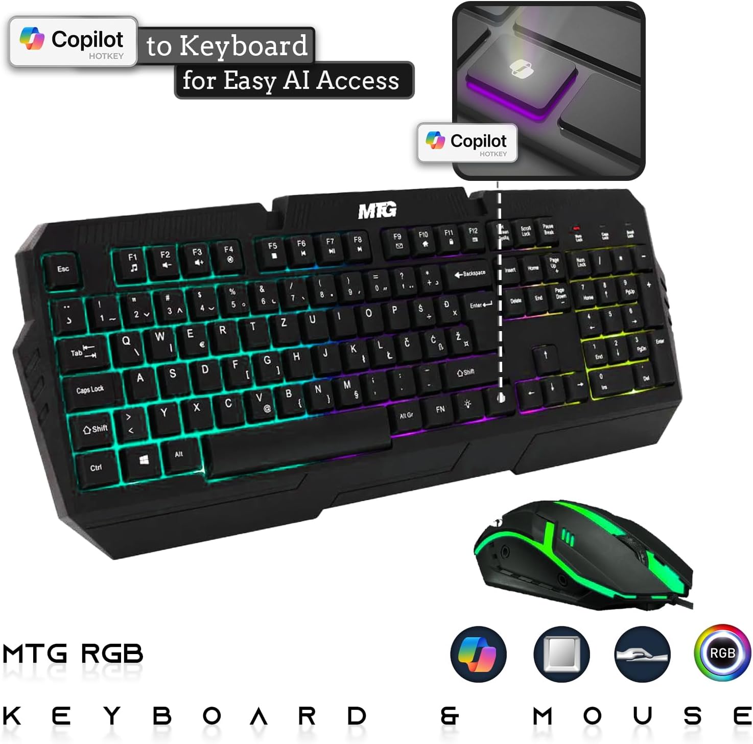 Mechanical keyboard and mouse set with RGB lighting on a white background, featuring the MTG brand.