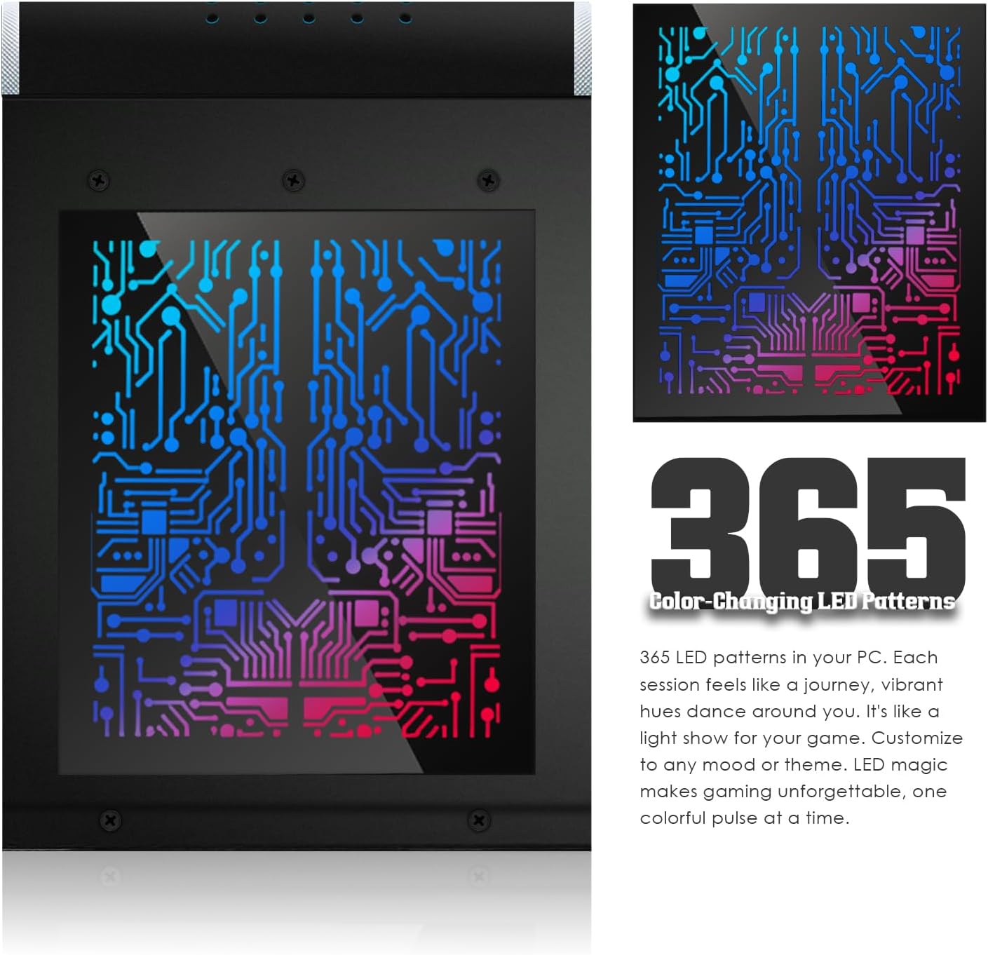 A black computer case with a large transparent front panel displaying a colorful LED circuit board pattern in blue, purple, and pink. The left side shows the installed product in a case, while the right side includes a smaller inset of the pattern and descriptive text about 365 color-changing LED patterns.