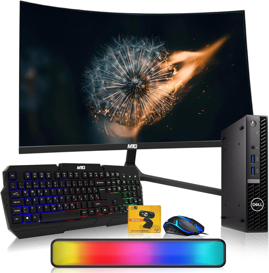 A gaming computer bundle featuring a curved black monitor, Dell desktop tower, black backlit keyboard, wireless mouse, RGB light bar, and a small yellow accessory box, all arranged on a white background.