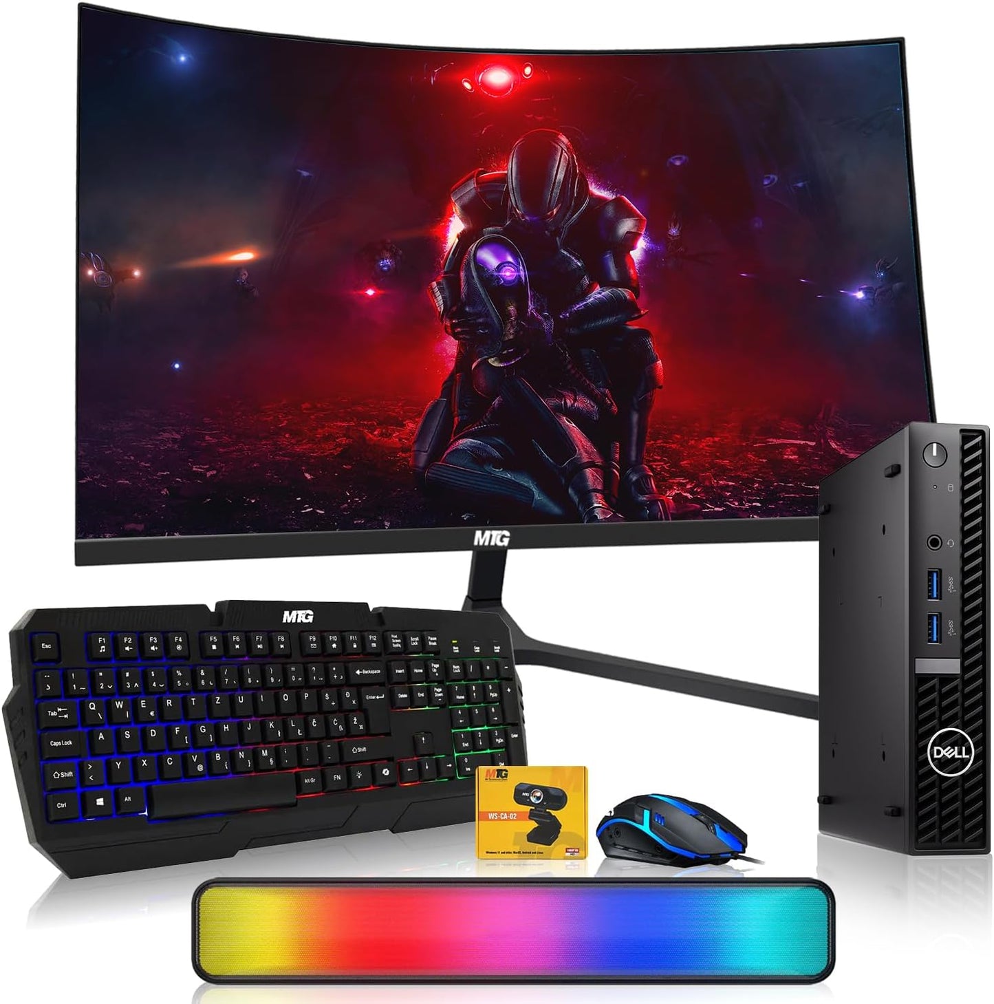 A gaming computer bundle featuring a curved MSI monitor displaying a sci-fi scene, a black Dell desktop tower, a black backlit keyboard, a blue and black gaming mouse, a small webcam, and a RGB lighting bar on a white background.
