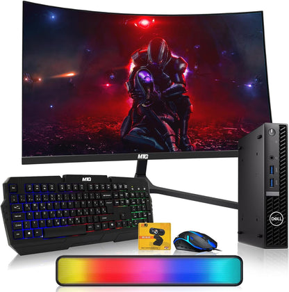 A gaming computer bundle featuring a curved MSI monitor displaying a sci-fi scene, a black Dell desktop tower, a black backlit keyboard, a blue and black gaming mouse, a small webcam, and a RGB lighting bar on a white background.