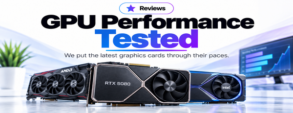 Promotional graphic showing three graphics cards lined up in the foreground: an AMD Radeon RTX 3060, an RTX 4060, and an Intel Arc A380. The background is a blurred office setup with a computer monitor displaying a graph and a small potted plant.