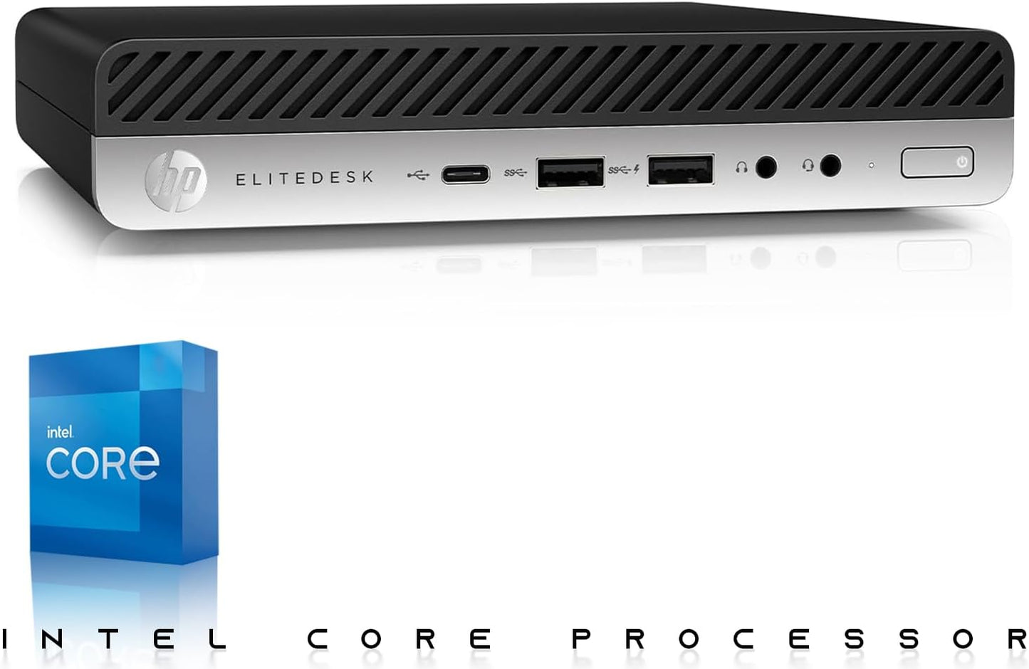 HP EliteDesk desktop mini computer shown from the front on a white background, with an Intel Core processor box logo and the text 'INTEL CORE PROCESSOR' below.