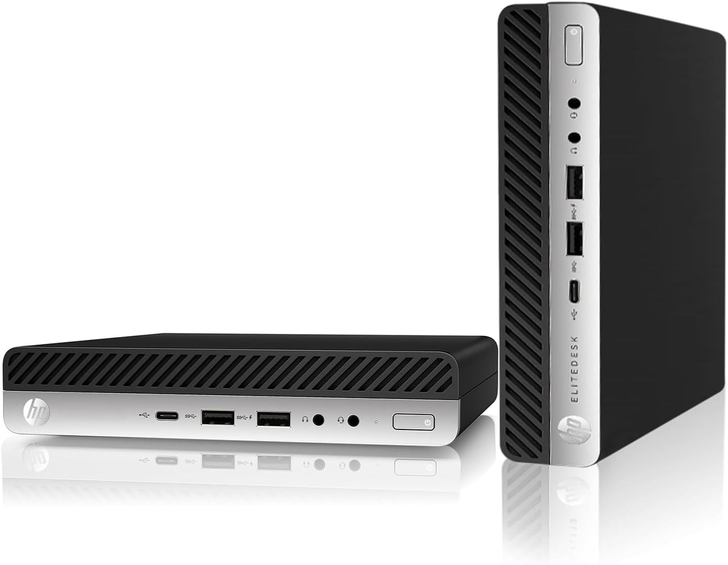 HP EliteDesk 800 G3 desktop mini PC shown from two angles: a front view with a silver lower panel and a black ribbed top, and a side profile view showing the front port panel. The HP logo is visible on both units against a clean white background with a subtle reflection.