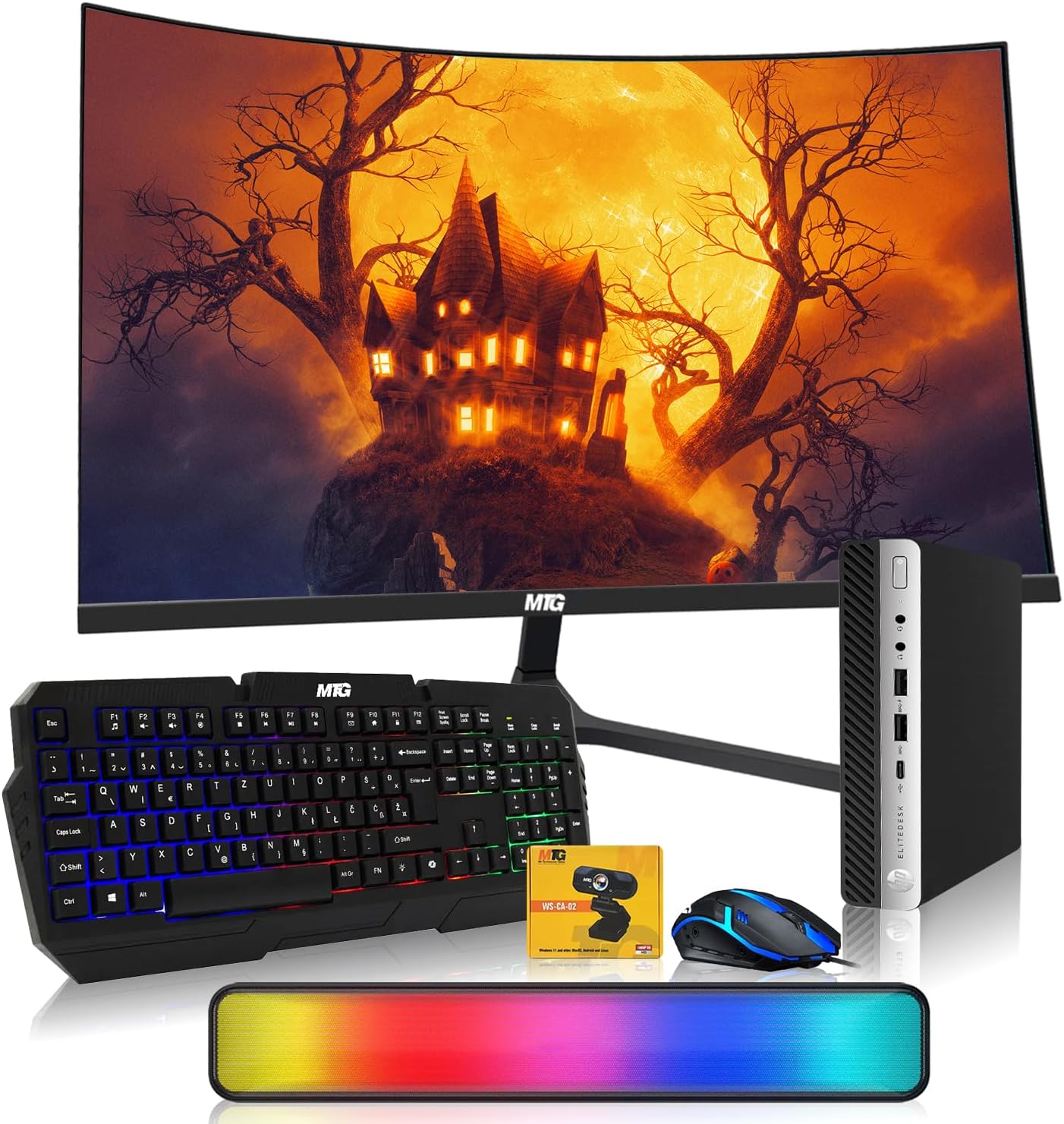 A gaming computer setup bundle featuring a curved MSI monitor displaying a spooky haunted house scene, a black MSI keyboard with RGB backlighting, a black MSI mouse with blue lighting, a black desktop tower, a colorful RGB light bar, and a small product box.