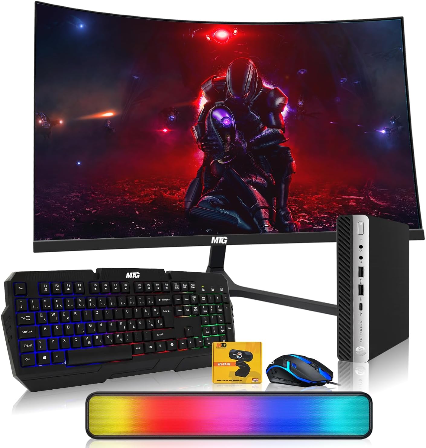 A gaming bundle set featuring a curved monitor, a black mechanical keyboard with RGB backlighting, a black desktop PC tower, a black gaming mouse with blue lighting, a long RGB-lit strip, and a small yellow accessory box, all arranged on a white background.