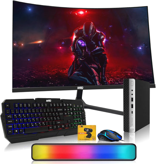 HP G5 Tiny Mini Desktop PC bundled with a 27 inch monitor, RGB keyboard and mouse