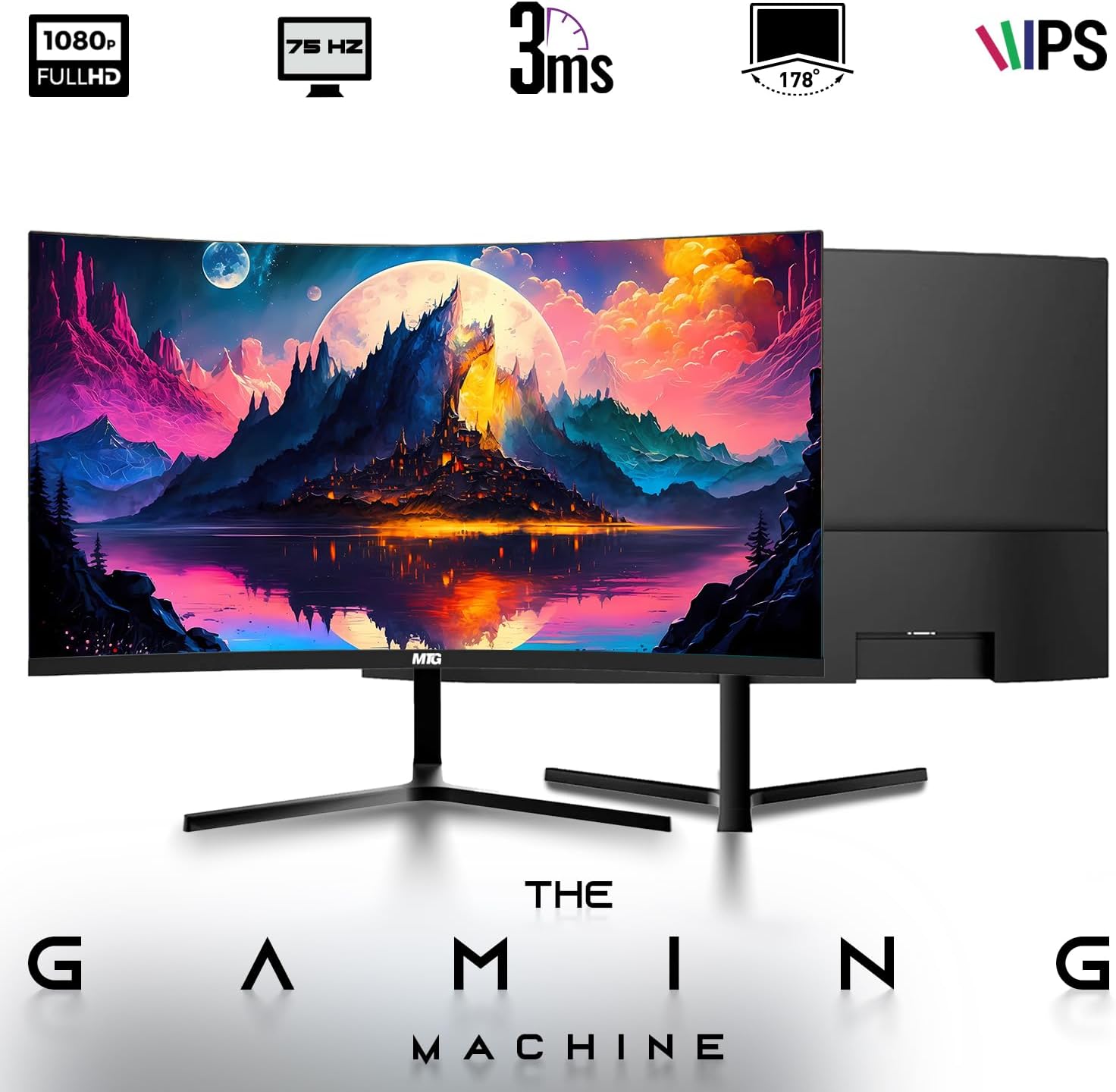 Gaming monitor with colorful display and technical specifications on a white background