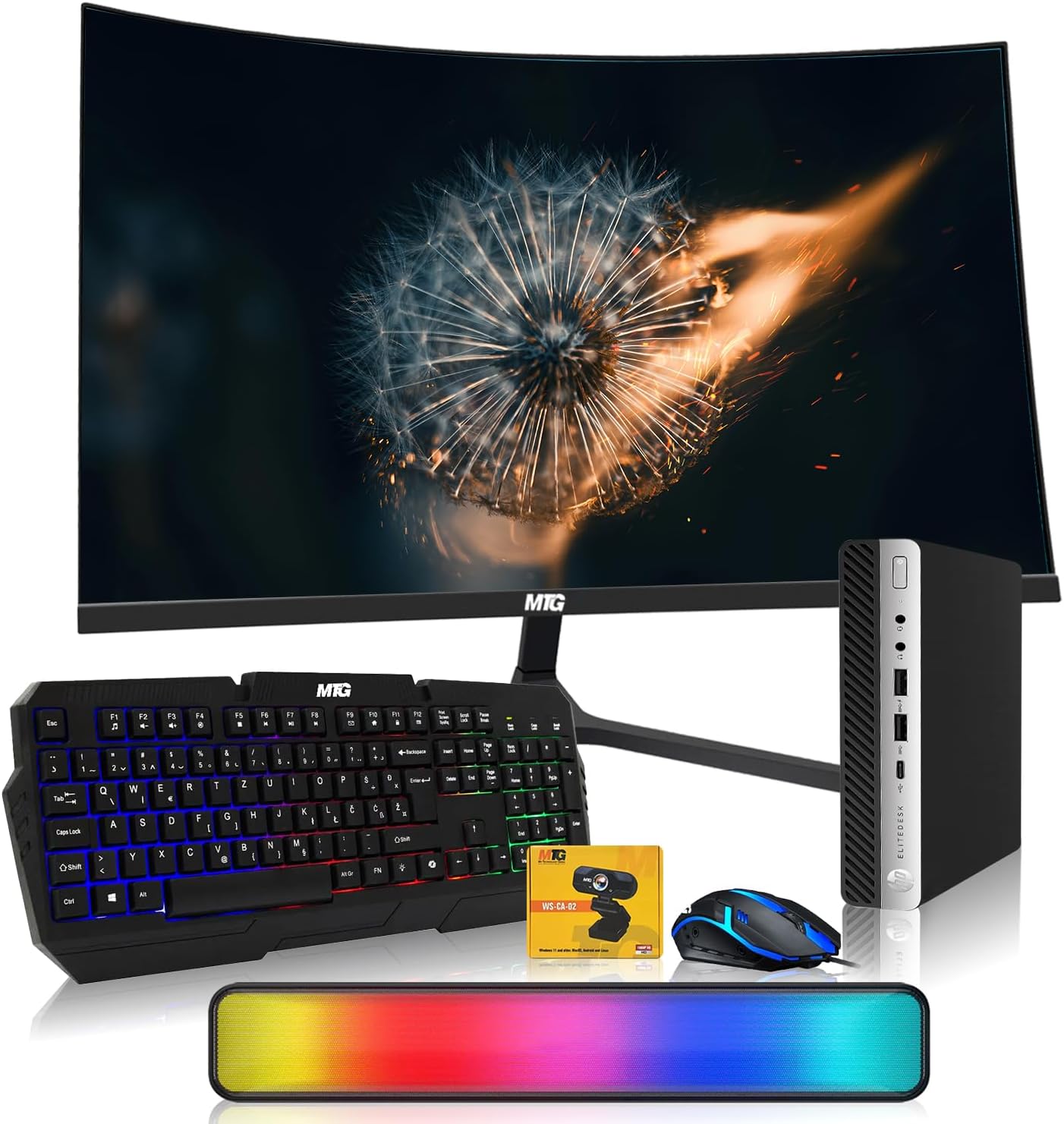 A gaming computer bundle featuring a curved MSI monitor, a black mechanical keyboard with RGB backlighting, a black and blue gaming mouse, a compact desktop tower, and a RGB LED light bar, all arranged on a white background.
