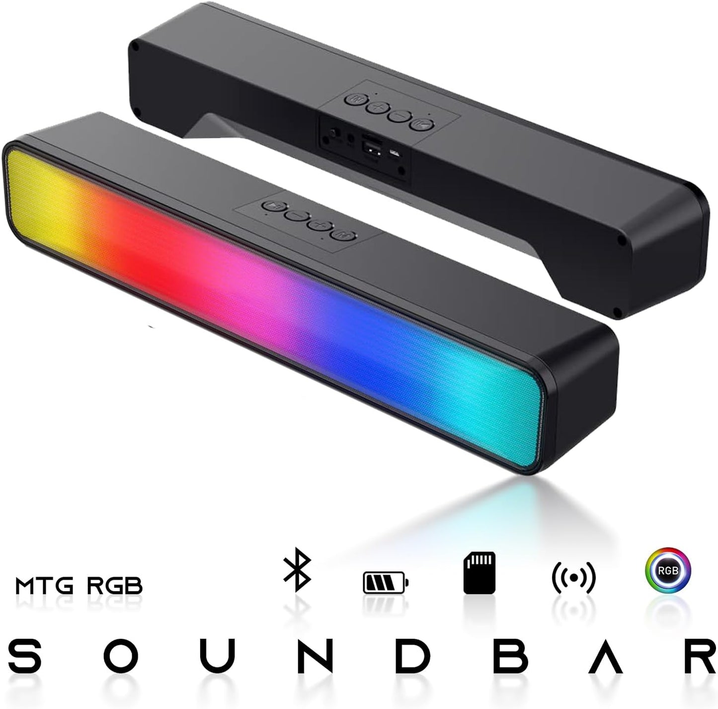 Black soundbar with RGB lighting on a white background