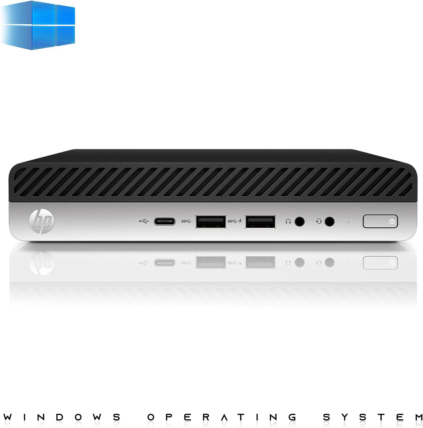 Front view of a compact HP desktop mini PC with a black top panel and silver front face, showing ports and the HP logo. A Windows logo appears in the top-left corner, and 'WINDOWS OPERATING SYSTEM' text appears along the bottom.