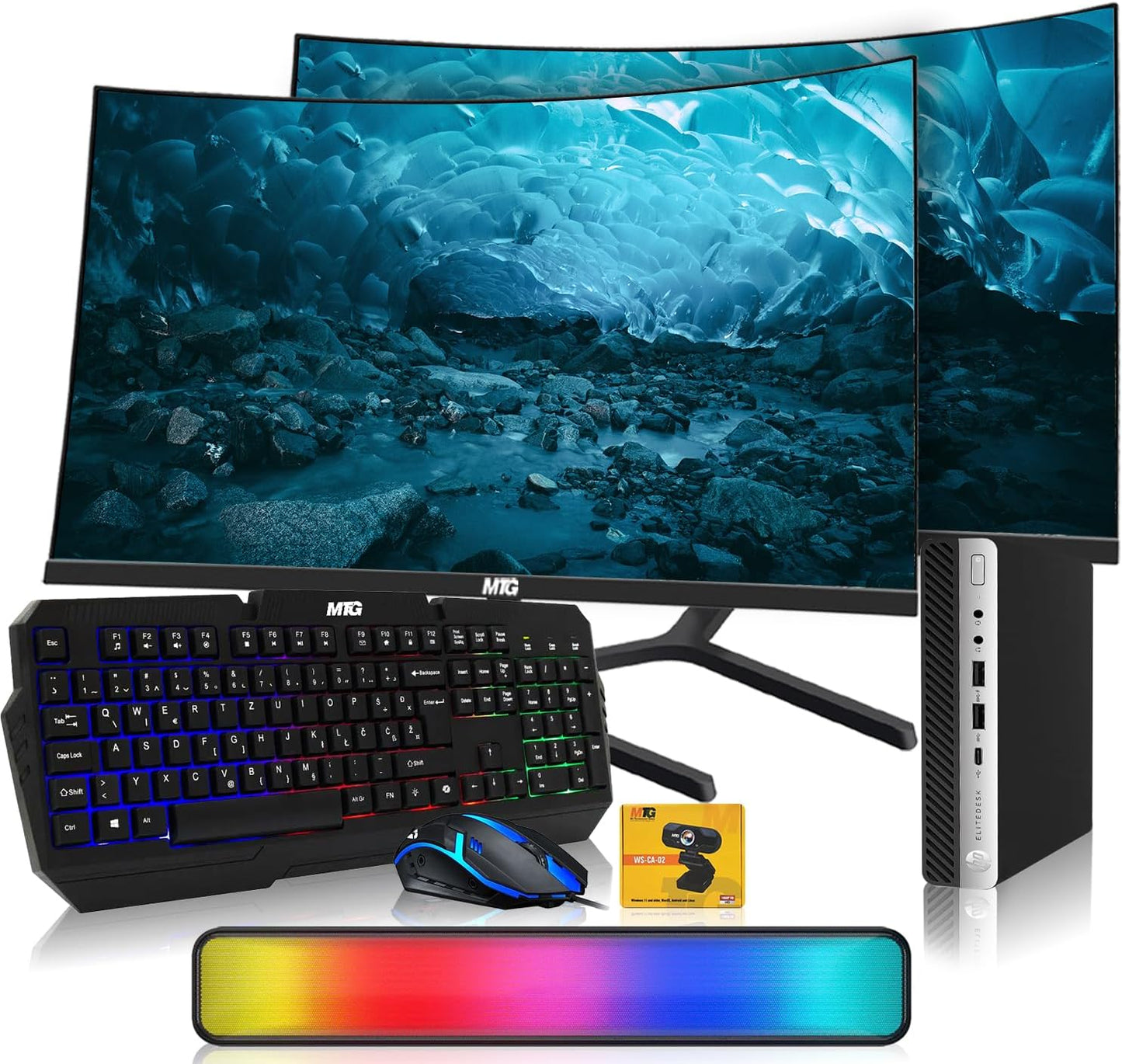 A gaming computer setup bundle featuring a curved MSI monitor, a black mechanical keyboard with RGB backlighting, a matching gaming mouse, a compact desktop PC tower, and a colorful RGB light bar, shown on a clean white background.