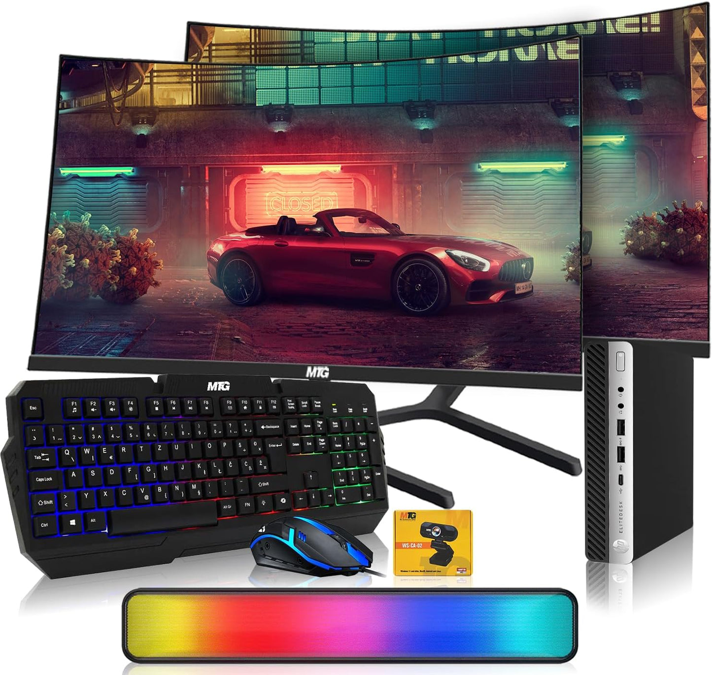 A gaming bundle set featuring a curved monitor displaying a red sports car, a black mechanical keyboard with RGB backlighting, a blue gaming mouse, a black desktop PC tower, a colorful RGB light bar, and a small yellow accessory card, all arranged on a white background.