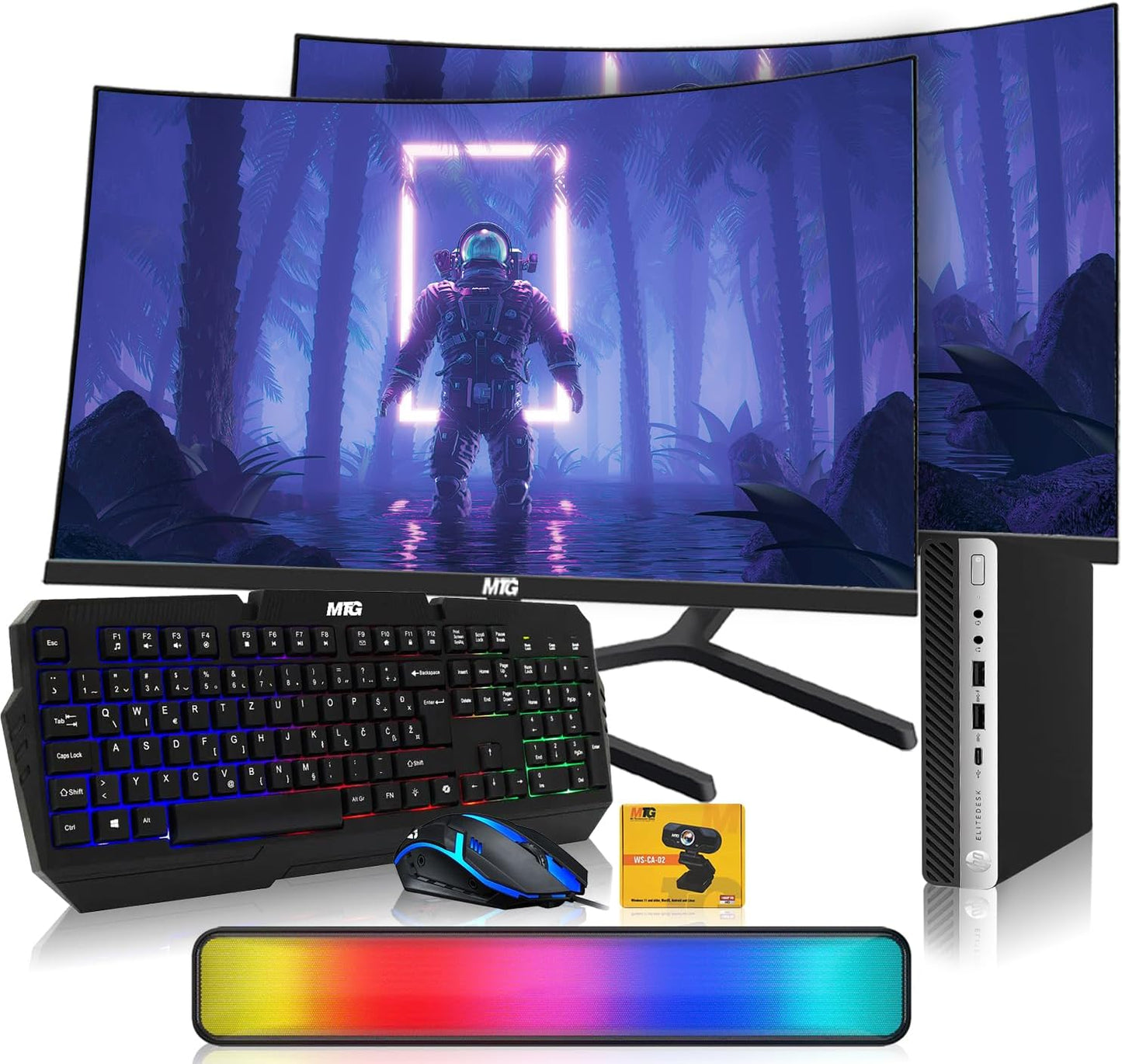 A gaming computer bundle featuring a curved monitor displaying a futuristic sci-fi scene, a black mechanical keyboard with RGB backlighting, a matching gaming mouse, a slim external hard drive, a colorful RGB light bar, and a small yellow accessory card, all arranged on a white background.