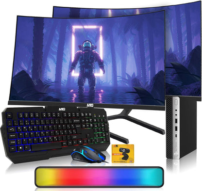A gaming computer bundle featuring a curved monitor displaying a futuristic sci-fi scene, a black mechanical keyboard with RGB backlighting, a matching gaming mouse, a slim external hard drive, a colorful RGB light bar, and a small yellow accessory card, all arranged on a white background.