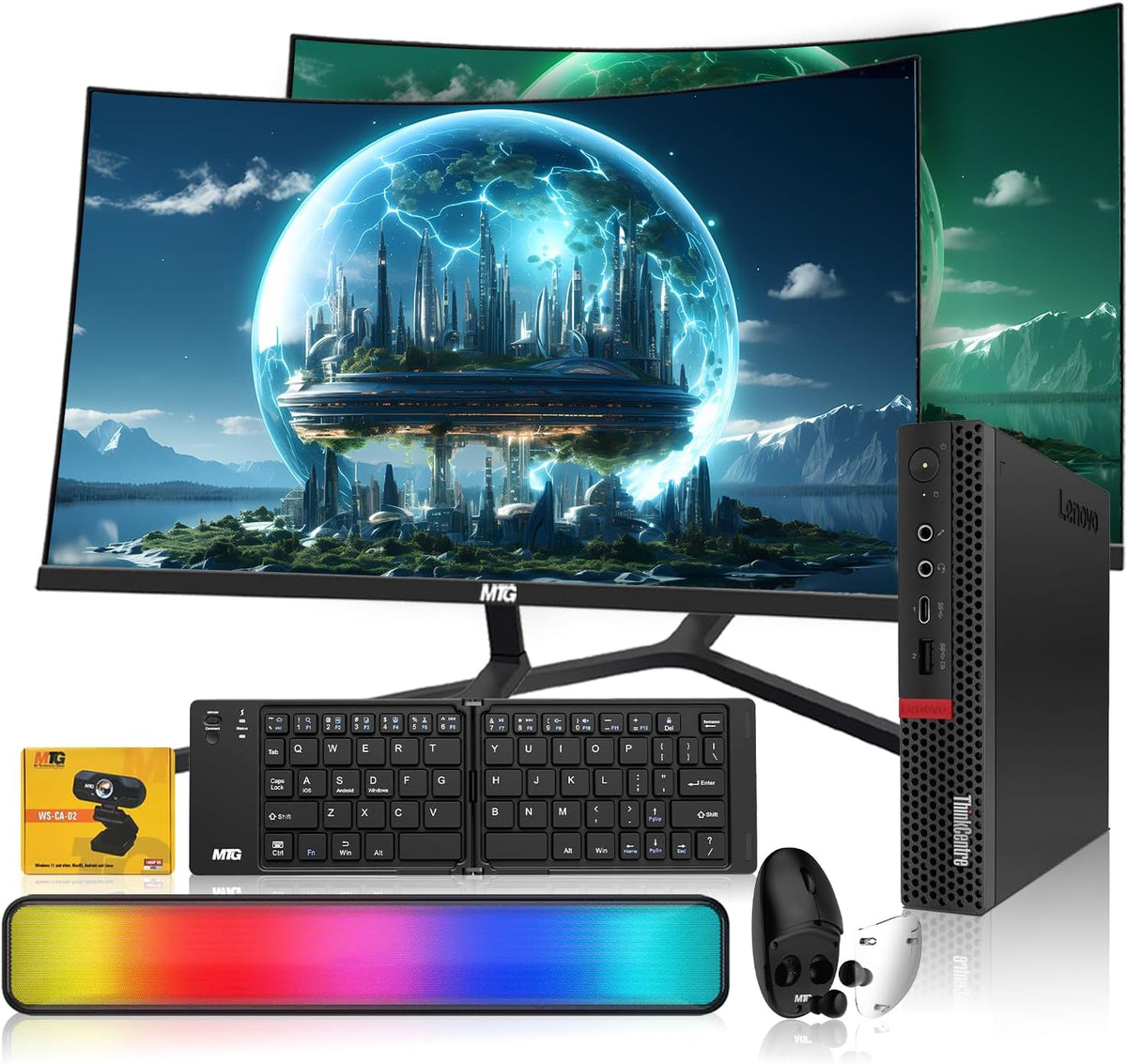 Lenovo Tiny M Series Mini PC bundled with dual 24 inch monitors