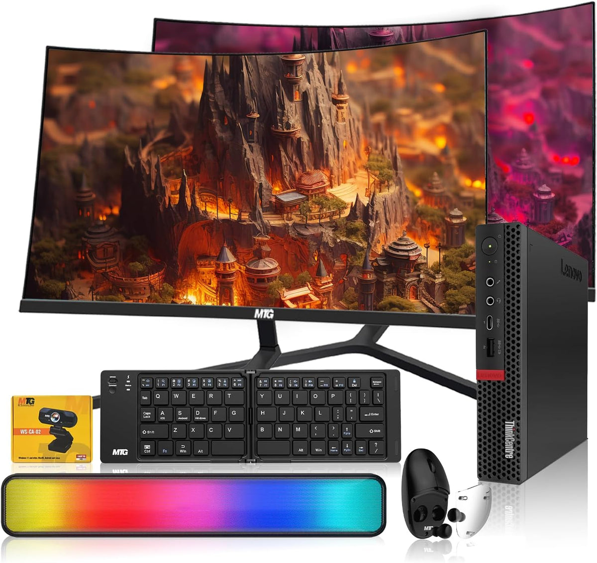 Lenovo Tiny M Series Mini PC bundled with dual 32 inch monitors