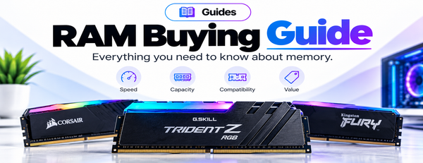 Promotional graphic for a RAM Buying Guide, featuring three Corsair RGB RAM sticks (Trident Z RGB, Fury, and Beast) on a stylized desk with a glowing computer tower in the background. The top of the graphic includes a 'Guides' badge and icons for Speed, Capacity, Compatibility, and Value.