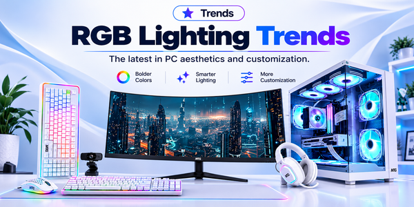 A promotional graphic for RGB lighting trends, featuring a desktop setup with a curved monitor, RGB keyboard, mouse, headphones, and a PC with glowing blue fans, under the heading 'RGB Lighting Trends'.