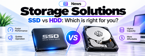 Promotional graphic for 'Storage Solutions' comparing SSD and HDD drives. The image features a black SSD on the left with blue light effects and an open HDD on the right, separated by a purple 'VS' circle.