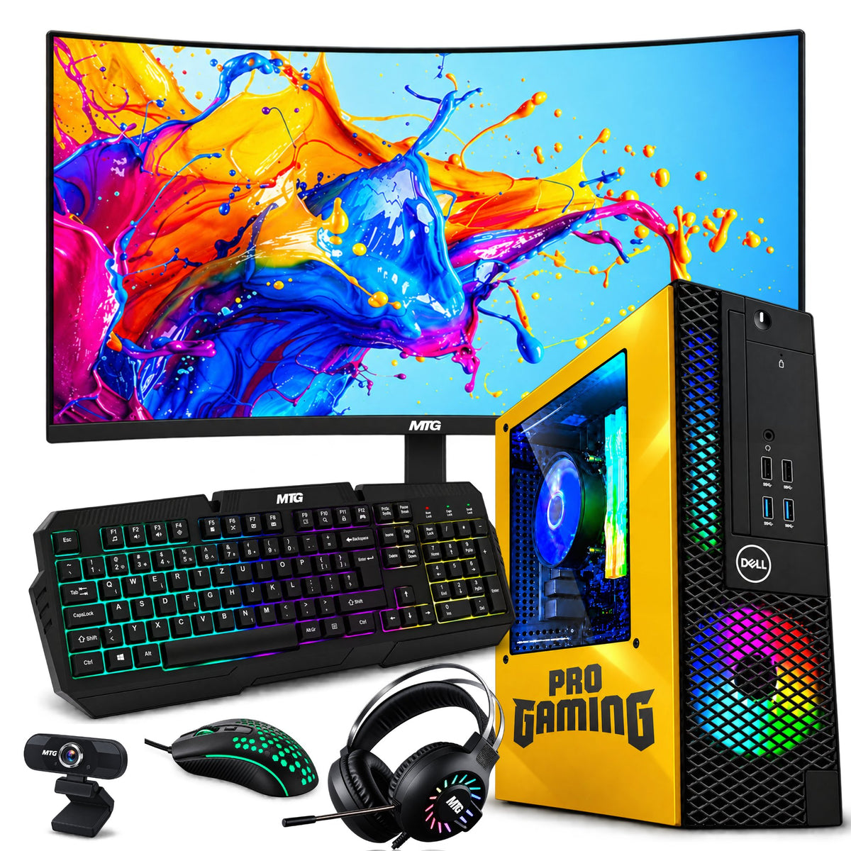 Refurbished Dell OptiPlex gaming PC Lambo Edition (yellow) with 27 inch monitor, GTX 1650, RGB keyboard, mouse and headset