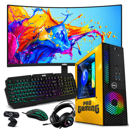 Refurbished Dell OptiPlex gaming PC Lambo Edition (yellow) with 27 inch monitor, GTX 1650, RGB keyboard, mouse and headset