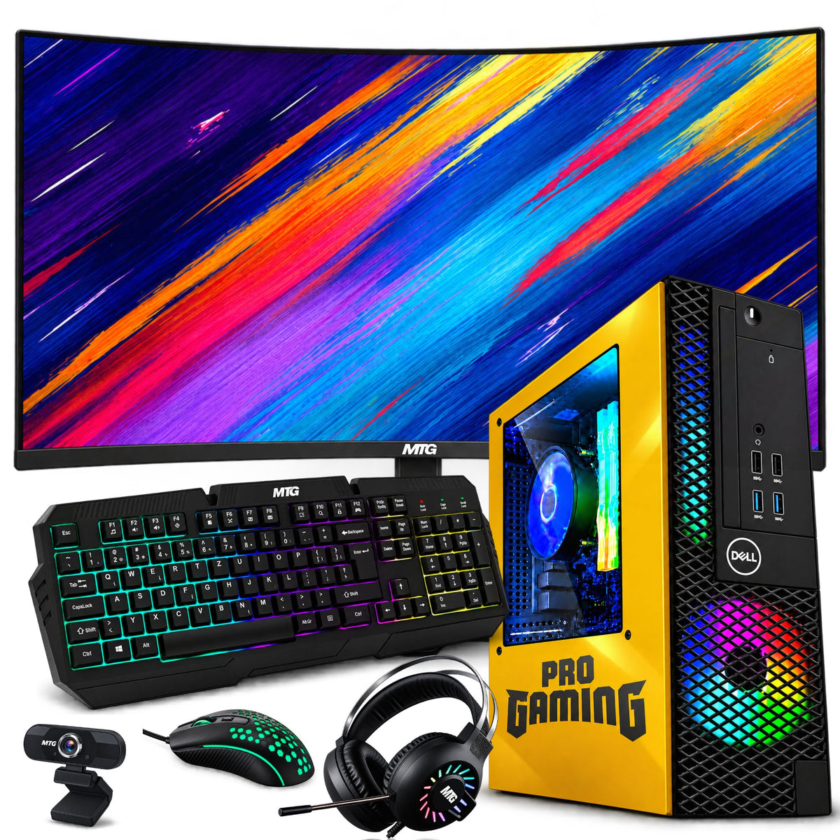 Refurbished Dell OptiPlex gaming PC Lambo Edition (yellow) with 32 inch monitor, GTX 1650, RGB keyboard, mouse and headset