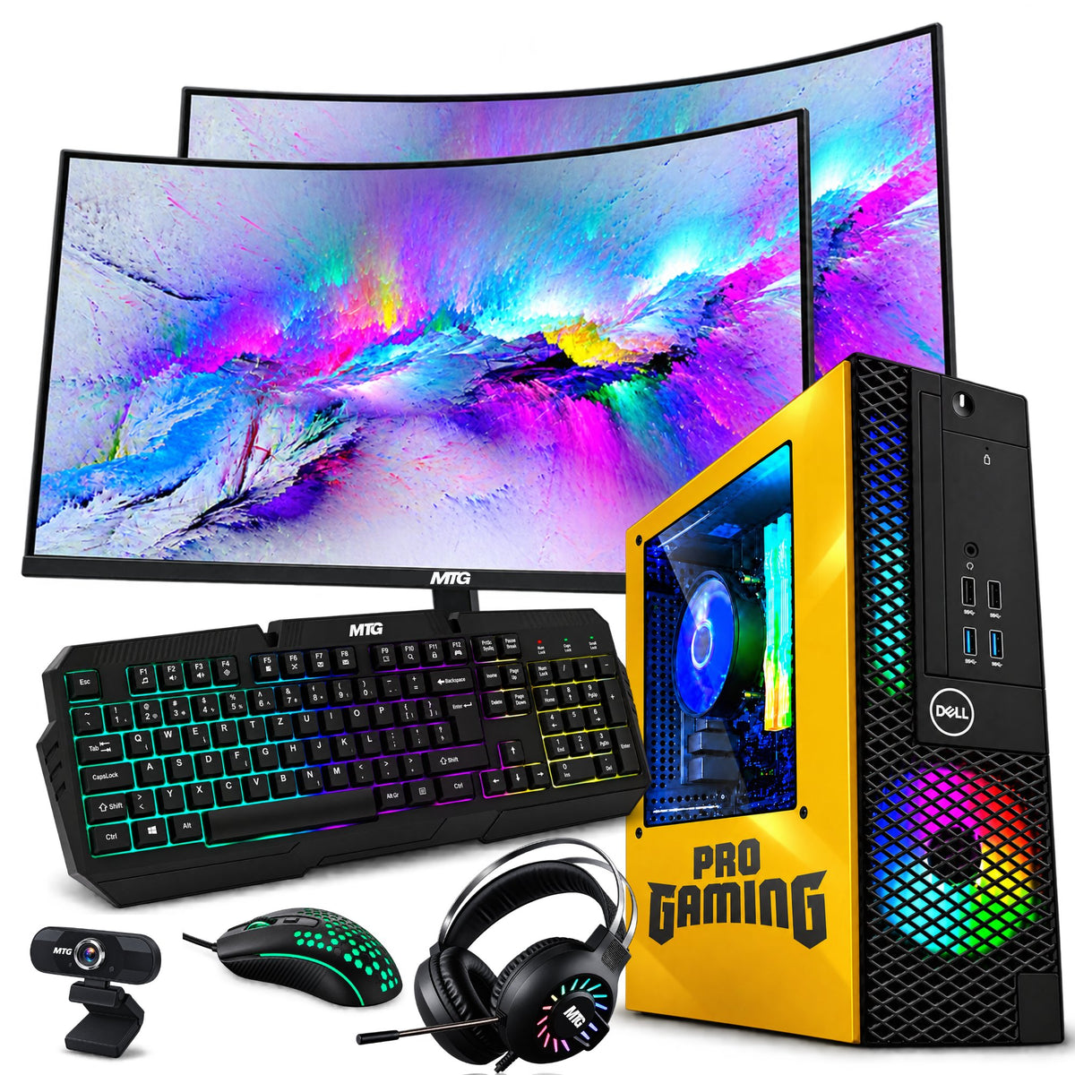 Refurbished Dell OptiPlex gaming PC Lambo Edition (yellow) with dual 24 inch monitors, GTX 1650, RGB keyboard, mouse and headset