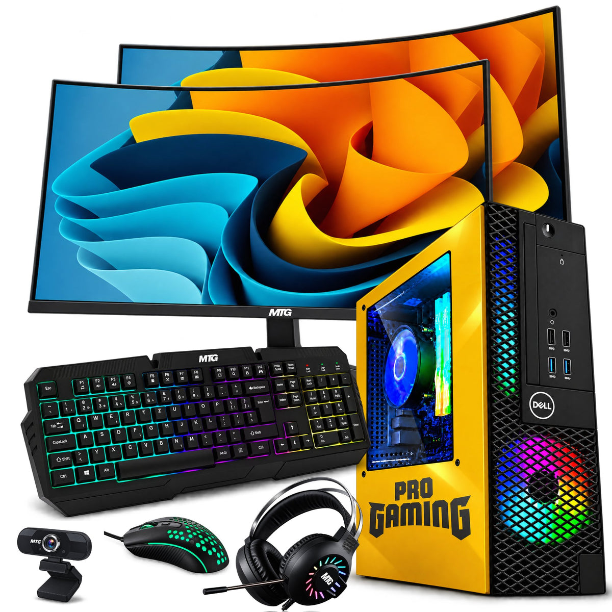 Refurbished Dell OptiPlex gaming PC Lambo Edition (yellow) with dual 27 inch monitors, GTX 1650, RGB keyboard, mouse and headset